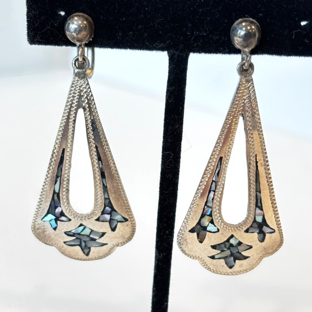 Vtg Sterling‎ Silver Abalone Drop Dangle Earrings Tear Drop Screw Back 2"